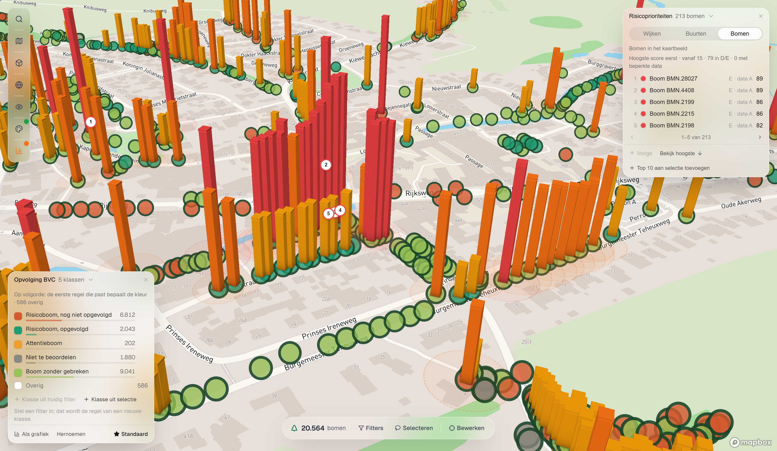 De risico-skyline van IDA in 3D over een wijk: per boom een kolom waarvan de hoogte de risicoscore is, gekleurd van geel tot rood per band, met rechtsboven het paneel Risicoprioriteiten met de vijf hoogst scorende bomen en linksonder de legenda Opvolging BVC.
