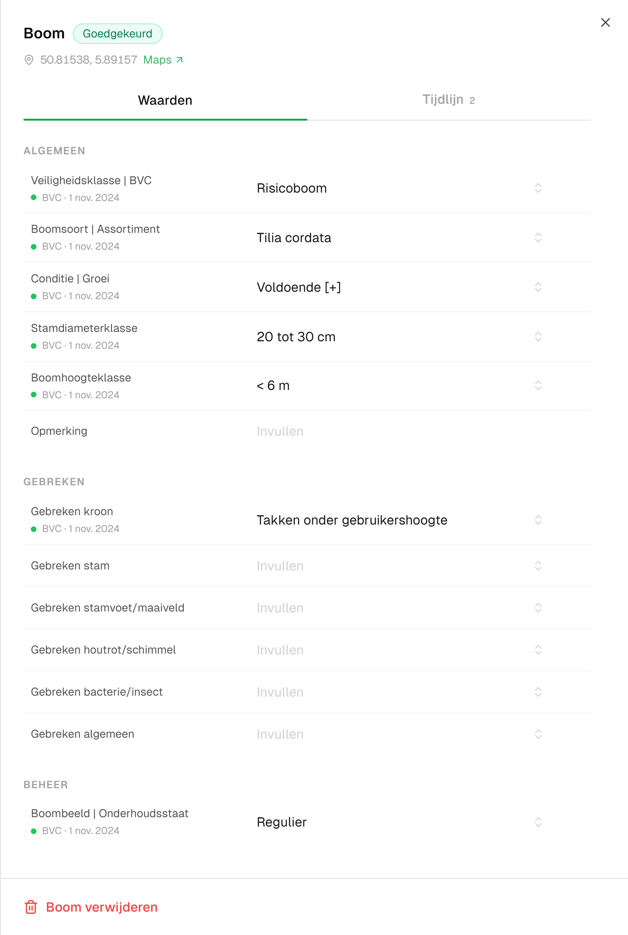Het boomdossier op het tabblad Waarden: een goedgekeurde boom met coördinaten, de groepen Algemeen, Gebreken en Beheer uit het BVC-model, en onder elke waarde de herkomst, hier BVC, 1 november 2024.