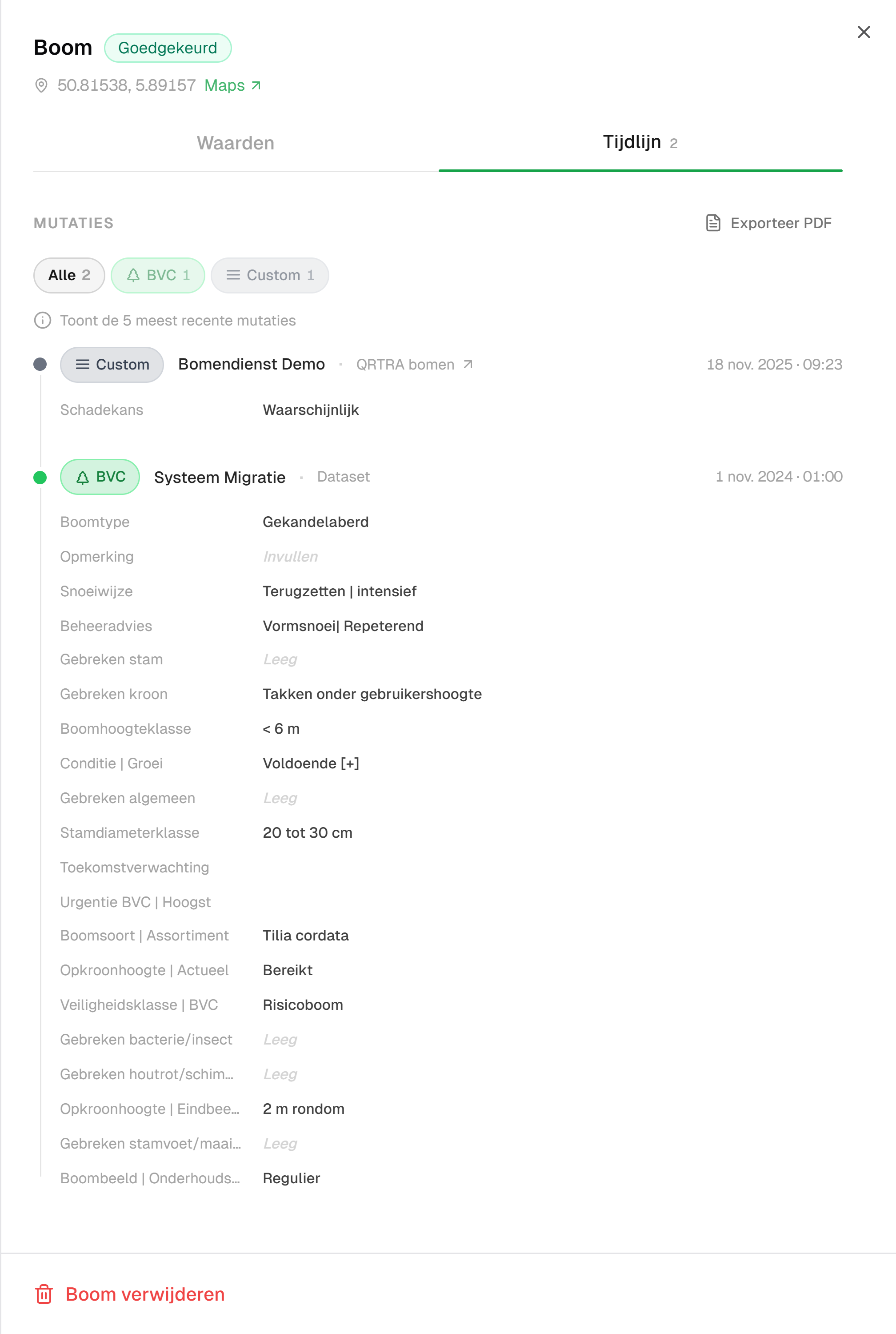 De tijdlijn van een boom in IDA: per mutatie wie hem vastlegde, wanneer en wat er veranderde, met de knop Exporteer PDF.