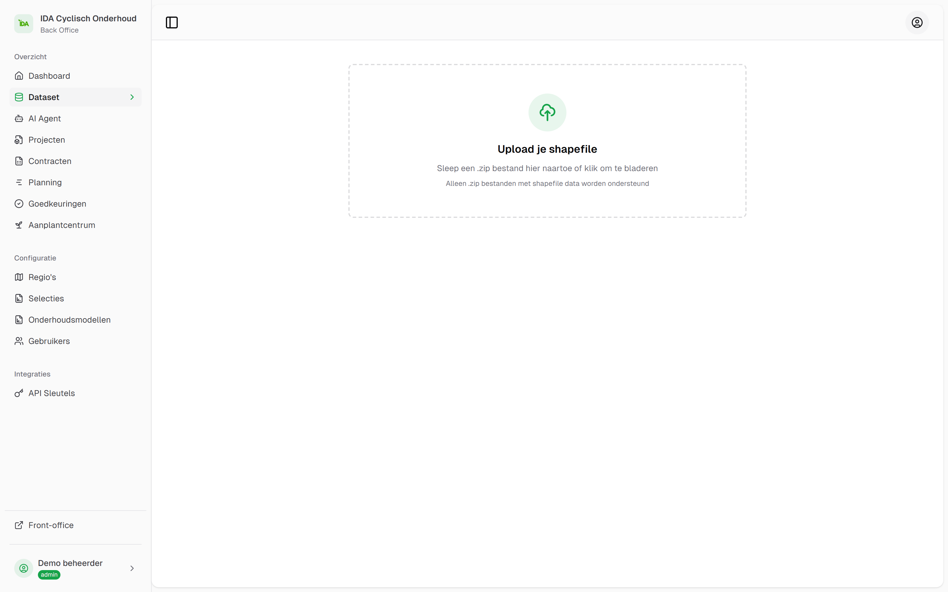 Het importscherm van IDA: een vlak met de tekst Upload je shapefile, sleep een zip-bestand hiernaartoe of klik om te bladeren.