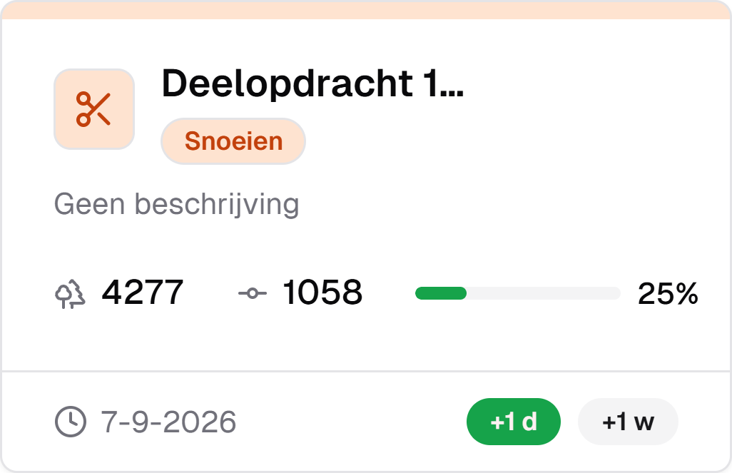 De frontoffice-app op een telefoon: de projectkaart met de teller van afgeronde bomen en knoppen voor filter, lasso en zoeken.
