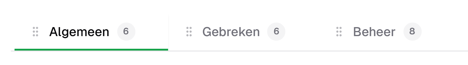 De categorietabs van het BVC-model in IDA: Algemeen met 6 kenmerken, Gebreken met 6 en Beheer met 8.