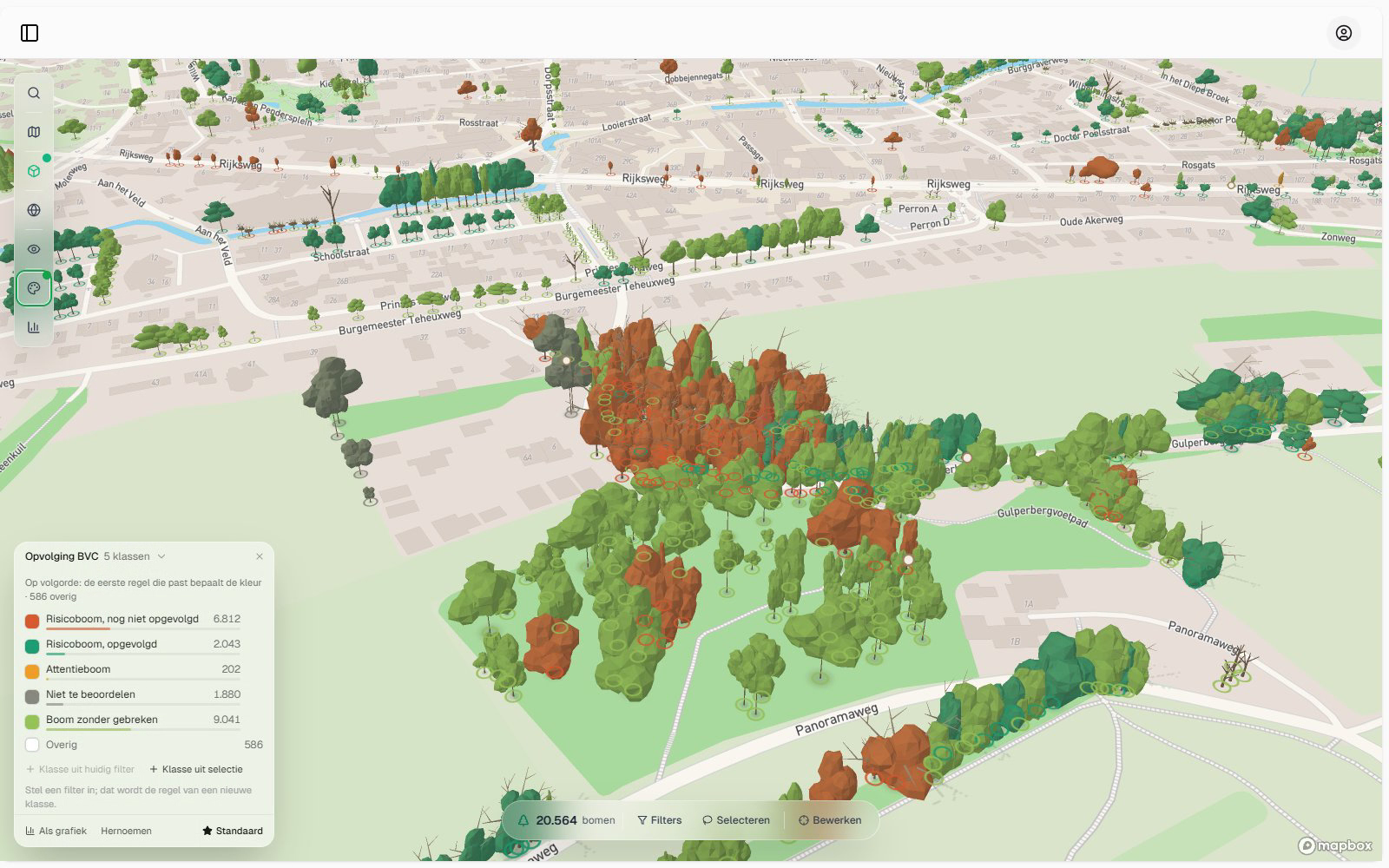 De dataset van IDA in 3D, laag over een straat: boommodellen met verschillende groeivormen, dode bomen als kale takken, gekleurd door de visualisatie Opvolging BVC, met de legenda linksonder en de werkbalk met 20.564 bomen onderaan.